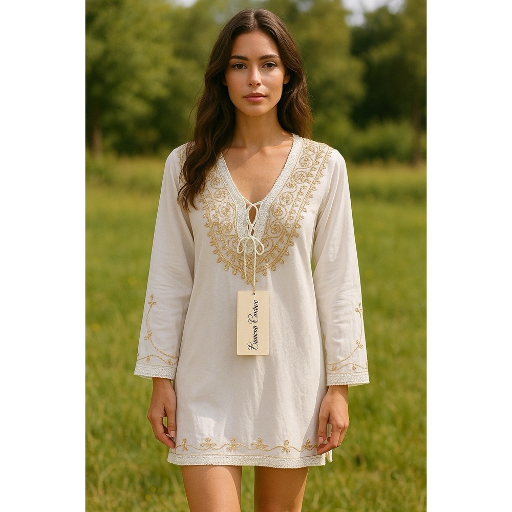 NWT Emma Caine Embroidered White Gold Deep V-Neck Flare Sleeve Tunic Dres Sz L